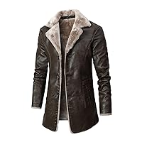 Men's Faux PU Leather Jacket Winter Warm Fleece Lined Sherpa Jackets Long Trench Coats Fur Collar Button Down Jacket