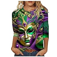 Mardi Gras Attire for Women, Beach Outfits for Women Casual Tops for Women 2024 Mardi Gras Womens Tops 3/4 Sleeve Mask Print Shirt Spring Round Neck Graphic Tees Tunic Carnival (Dark Green,3X-Large)