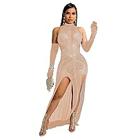 Womens Sexy Sleeveless Rhinestones Mesh See Through Split Dress Nightclub Clubwear Dress