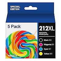 212 Ink Cartridges High Yield Remanufactured for Epson 212XL T212XL T212 Ink Cartridges for XP-4100 XP-4105 WF-2830 WF-2850 Printer New Upgraded Chips (2 Black, 1 Cyan, 1 Magenta, 1 Yellow, 5 Pack)