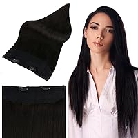 Invisible Wire Hair Extensions Real Human Hair Straight Fish Line Human Hair Extensions 20 Inch Natural Black Hidden Silky Hair Short Straight Hair for Women Secret Extensions 80G