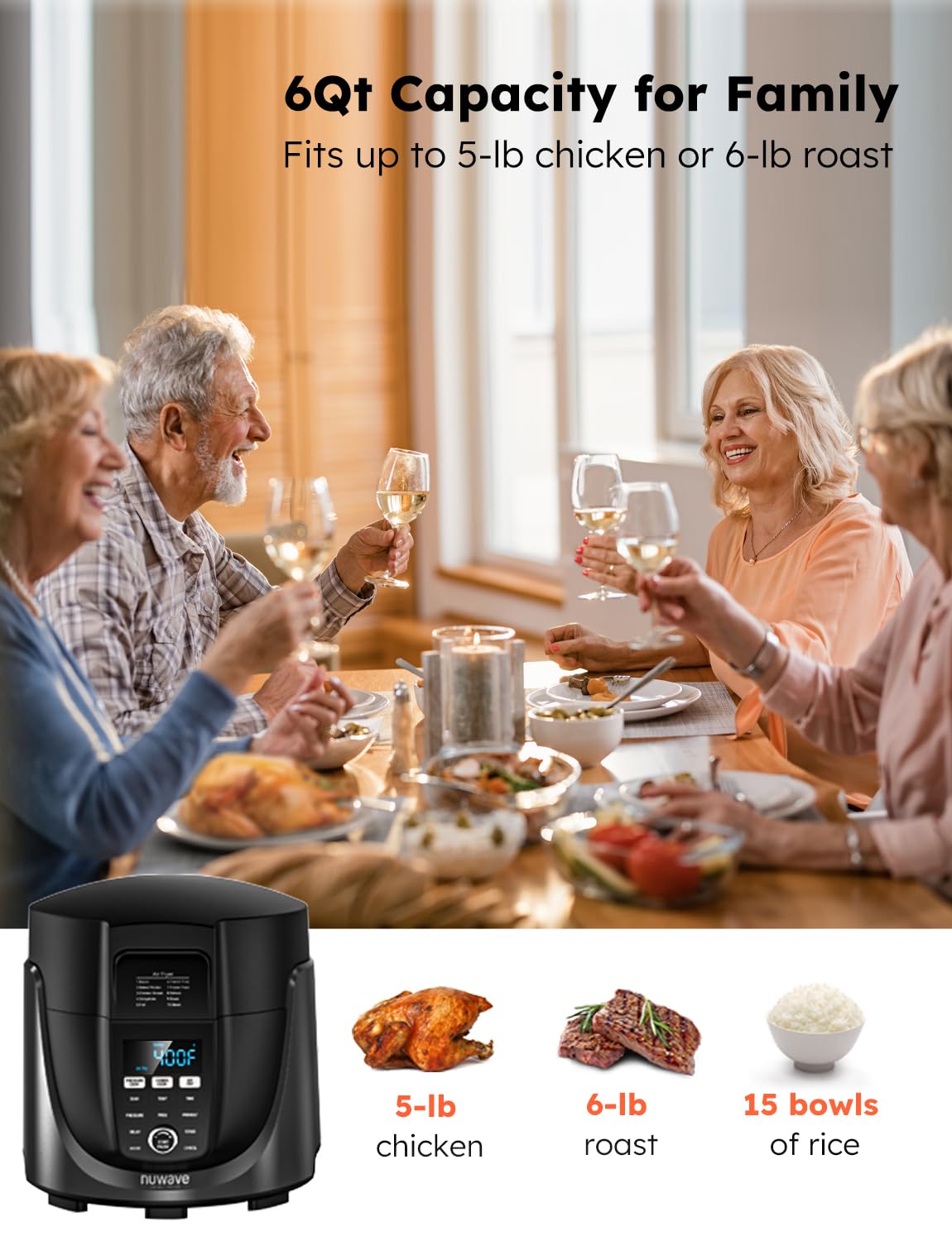 NuWave Duet Air Fryer, Electric Pressure Cooker & Grill Combo, 540 IN 1 Multicooker with 3 Removable Lids that Slow Cook, Sears, Sautés, 18/10 SS Pot, Sure-Lock Safety Tech & 10 Deluxe Accessories