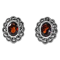 NOVICA Artisan Handmade Garnet Marcasite Stud Earrings from Thailand .925 Sterling Silver Red Tone Aurora Birthstone 'Red Lotus Flowers'