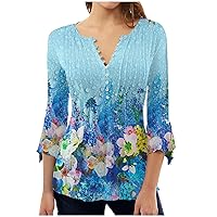 Ceboyel Women 3/4 Sleeve Fall Tops 2023 Floral Paisley Henley Shirts Dressy Causal Blouse Tunic Boho Trendy Ladies Clothes