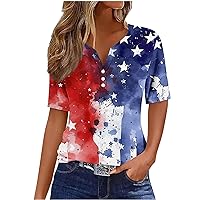 4th of July Tops Women Summer Dressy Button V Neck Patriotic T-Shirts Stars Stripe Casual Short Sleeve Henley Shirts