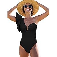 SPORLIKE Women One Piece Swimsuit Ruffle One Shoulder Bathing Suit Padded Monokini