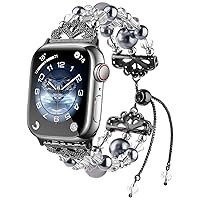 fohuas beaded Bracelet Band Compatible for Apple Watch 38mm 40mm 41mm 42mm 44mm 45mm 49mm, Adjustable Bling Crystal Pearl Beads Handmade iWatch Band Series SE 9 8 7 6 5 4 3 2 1,Elastic Jewelry Bangle Wristband for iphone Watch Women Girl Cute