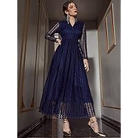 Women's Dress Houndstooth Pattern Single Breasted Lace Dress Summer Dress (Color : Navy Blue, Size : X-Large)