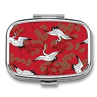 Pill Box Dandilion Crane and Pine Tree Red Pattern Square-Shaped Medicine Tablet Case Portable Pillbox Vitamin Container Organizer Pills Holder with 3 Compartments