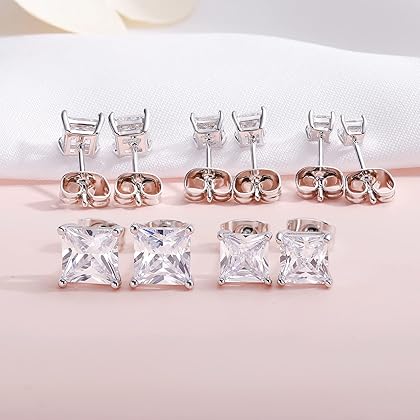 GEMSME 18K Gold Plated Princess Cut Clear Cubic Zirconia Stud Earrings Pack of 5 (white gold)