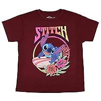 Disney Lilo and Stitch Men's Stitch Surfing Sunset Hibiscus Flowers Distressed Graphic Print T-Shirt