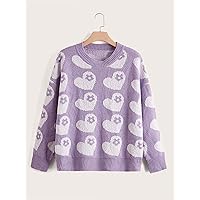 Casual Ladies Comfortable Plus Size Sweater Plus Heart Pattern Drop Shoulder Sweater Leisure Perfect Comfortable Eye-catching (Color : Lilac Purple, Size : X-Large)