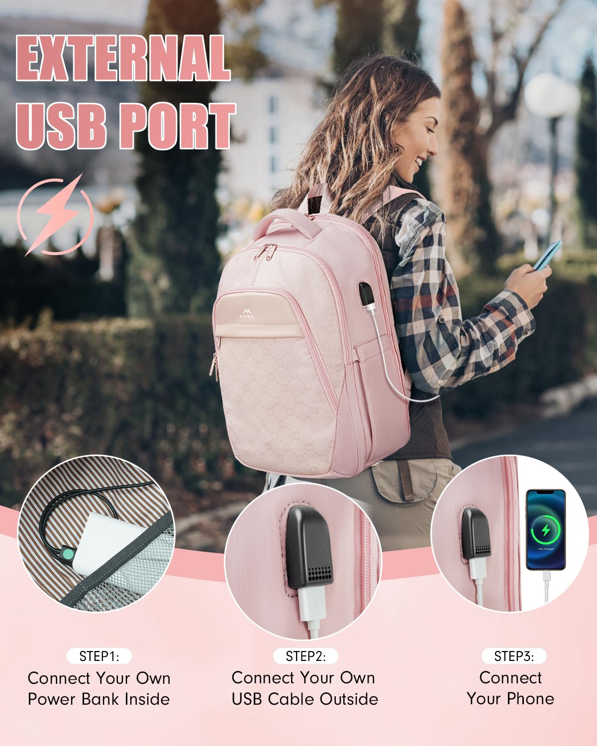 MATEIN Travel Laptop Backpack, Lightweight Anti Theft School Backpack with USB Charging Port, Water Resistant 15.6 Inch Computer Bag, Pink Backpack for Women, Anti Theft 17 Inch Laptop Backpack