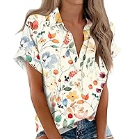 Beautiful Long Holiday T Shirts for Women Pub Short Sleeve Print Fit Blouse Ladies V Neck Buttons Super Soft Beige S