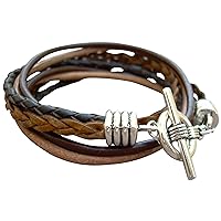Mens Double Wrap Multi Strand Leather Bracelet with Antique silver Toned End Caps and Toggle Clasp