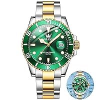 OLEVS Men's Watches Luxury Silver Two Tone Stainless Steel Men Wrist Watches with Date Waterproof Fashion Classic Quartz Green Dial Large Watch for Man,Relojes de Hombre