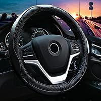 Valleycomfy Steering Wheel Covers Universal 15 inch - Genuine Leather, Breathable, Anti Slip & Odor Free (Black with Black Lines, M(14
