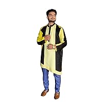 Indian Men's Patchwork Kurta Casual Cotton Shirt Ethnic Wedding Wear Pathani Tunic Yellow Color