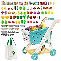 98pcs Kids Shopping Cart Trolley Play Set with Pretend Food and Accessories,Perfect for Ages 3+ Pretend Play and Role-Playing Games