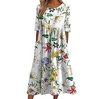 2024 Summer Womens Short Sleeve Boho Floral Print Maxi Dress Casual Loose Midi Shirt Dress with Pockets