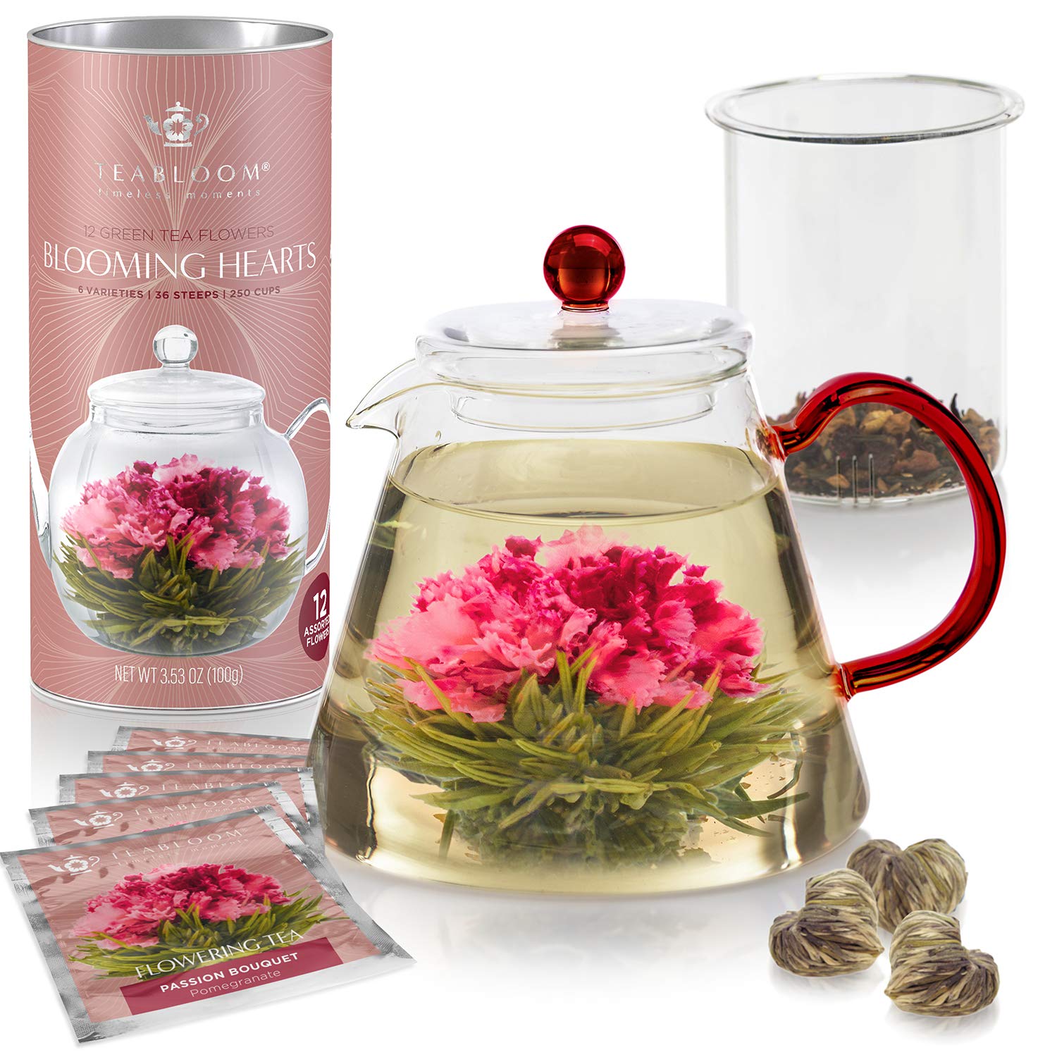 Teabloom Christmas Flowering Tea Gift Set - Stovetop Safe Glass Teapot with Removable Loose Leaf Tea Glass Infuser (34 oz) - 12 Heart-Shaped Bloomi...