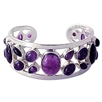NOVICA Artisan Handmade Amethyst Cuff Bracelet Studded .925 Sterling Silver from India Purple 'Purple Harmony'