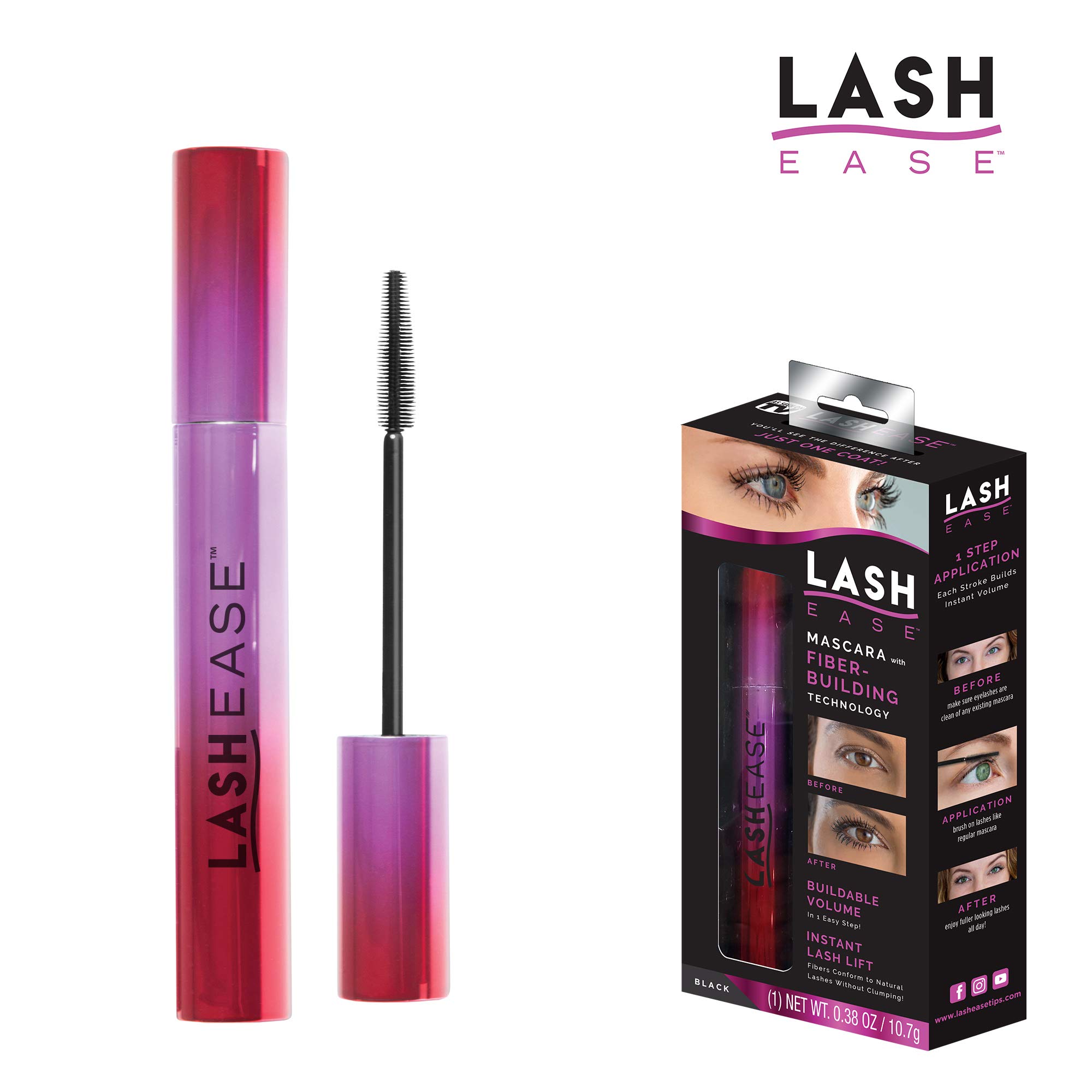 Lash Ease One Step Fiber Building Mascara- Black, Buildable Volume, Lengthens Natural Eyelashes, Lightweight, All Day Wear, 0.38oz