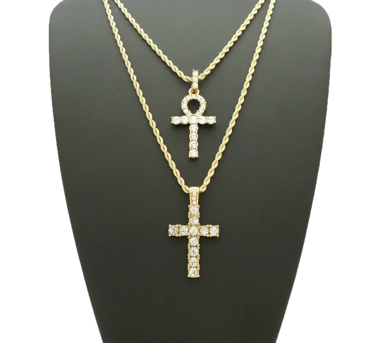 Fashion 21 Egyptian Ankh, Cross Pendant 20 inches to 30 inches Chain Two Necklace Set in Gold Tone