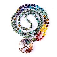 Bivei 108 Mala Beads Necklace Tree of Life 7 Chakra Wrap Bracelet Real Healing Gemstone Yoga Meditation Hand Knotted Mala Prayer Bead Necklace