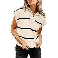 PRETTYGARDEN Women's Casual Striped T Shirts Cap Sleeve V Neck 1/4 Zip Basic Summer Tops Blouse