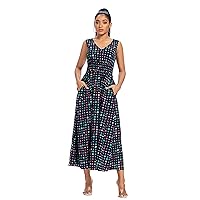Womens Maxi Dress Sleeveless Boat Neck Stretchy Waist Casual Full Length Long Dresses with Pockets for Women