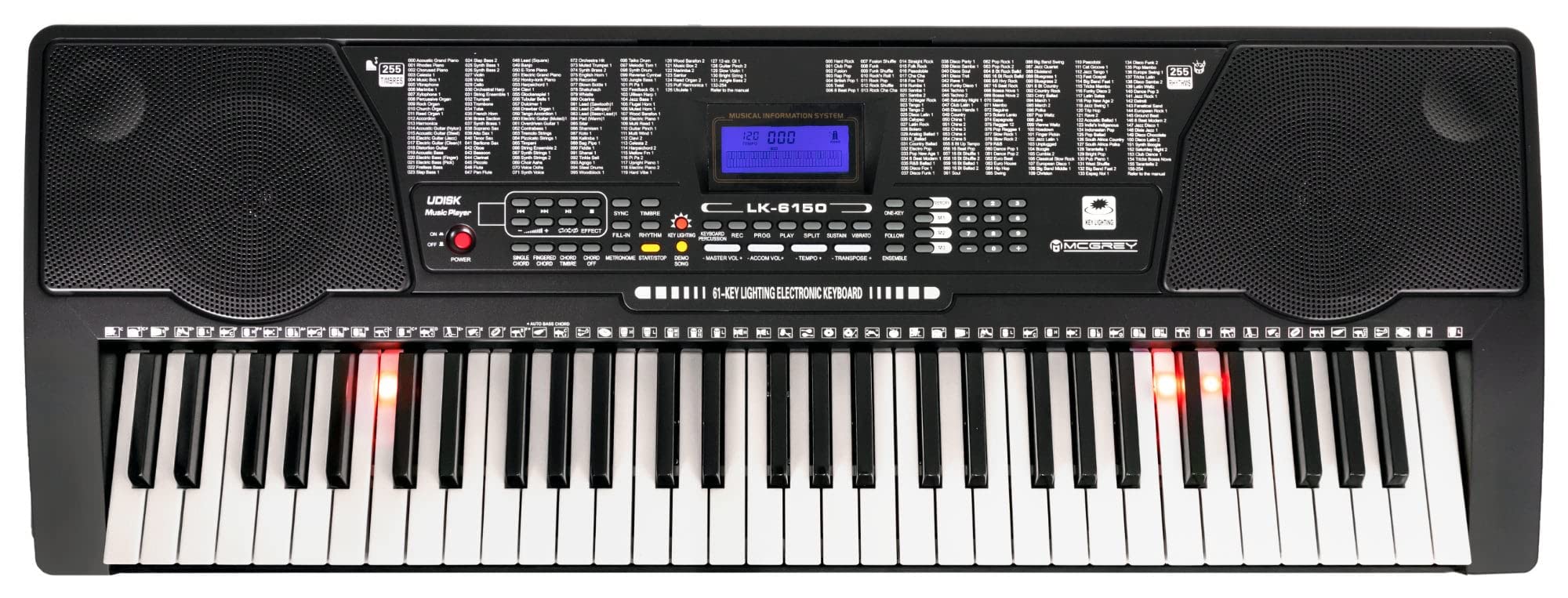 McGrey LK-6150 61 Tasten Keyboard Set - Einsteiger-Keyboard mit 61 Leuchttasten - 255 Sounds und 255 Rhythmen - integrierter MP3-Player - inkl. Ständer und Hocker - Schwarz