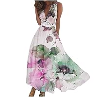 Funny Floral Print Elegant Sundress Women Vacation Cocktail Maxi Dresses Summer Wrap V Neck Sleeveless A-Line Dress