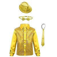 YiZYiF Kids Boys Sequin Long Sleeve Button-Down Shirt Jacket Top and Hat Bowtie Necktie Hip Hop Jazz Dance Disco Costume