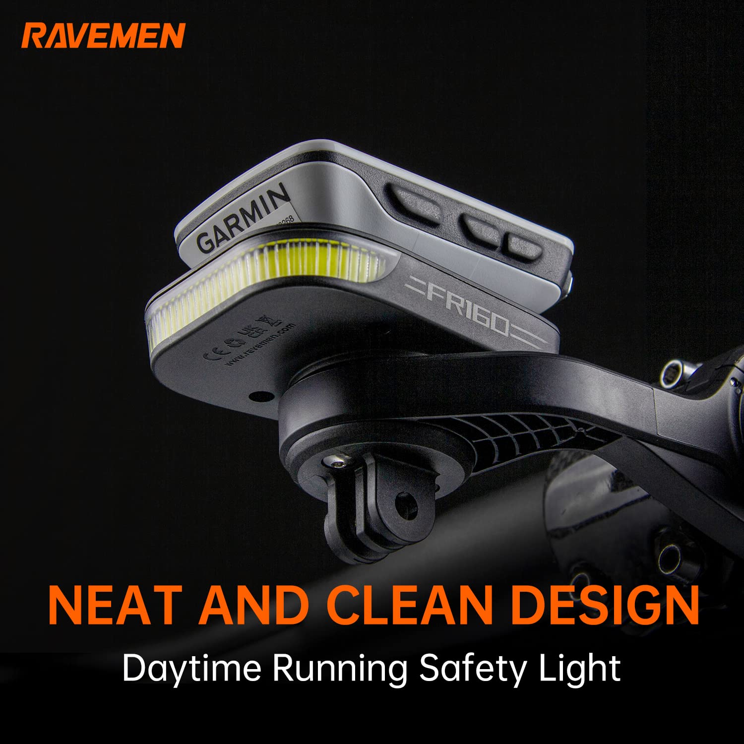 RAVEMEN FR160 Daylight Compatible with Garmin/Wahoo Bike Computer, IPX6 Waterproof Bike Light with Side Visibility Warning Flash Light 6 Light Modes for Riding Safety (Patent Protected)