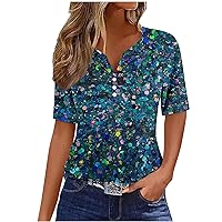 Womens Cute Tops Summer Short Sleeve V Neck Button Henley T Shirts Dressy Casual Blouses Loose Fit Boho Graphic Tees