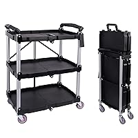 Portable Folding Collapsible Service Cart Foldable Service Cart 3 Tier Collapsible Push Cart Folding Utility Carts with Wheels for Office Warehouse Home, Black