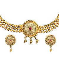 bodha Traditional Indian Designer Antique Gold Plated Stylish Traditional Ethnic Thushi Choker Necklace Jewelry Set for Women (SJN_44), Brass, Cubic Zirconia