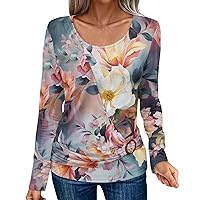 Long Sleeve Shirts for Women Trendy Round Neck Blouses Printed Tunic Tops Casual T-Shirt Soft Basic Tees Loose Fit
