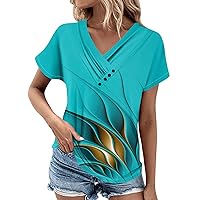 Women Summer Tops 2024 Sparkly Tops for Women 2024 Fashion Button Patchwork Casual Loose with Short Sleeve V Neck Ruched Blouses Cyan Medium