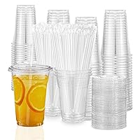 TahiBox Plastic cups with lids and straws 16 oz 100sets [100 cups & 100 flat lids & 100 straws],clear crystal disposable iced coffee cups with lids