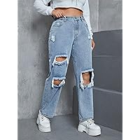 Women's Plus Size Denim Pants Plus High Waist Ripped Straight Leg Jeans Fashion Beauty Lovely Unique (Color : Light Wash, Size : 3X-Large)