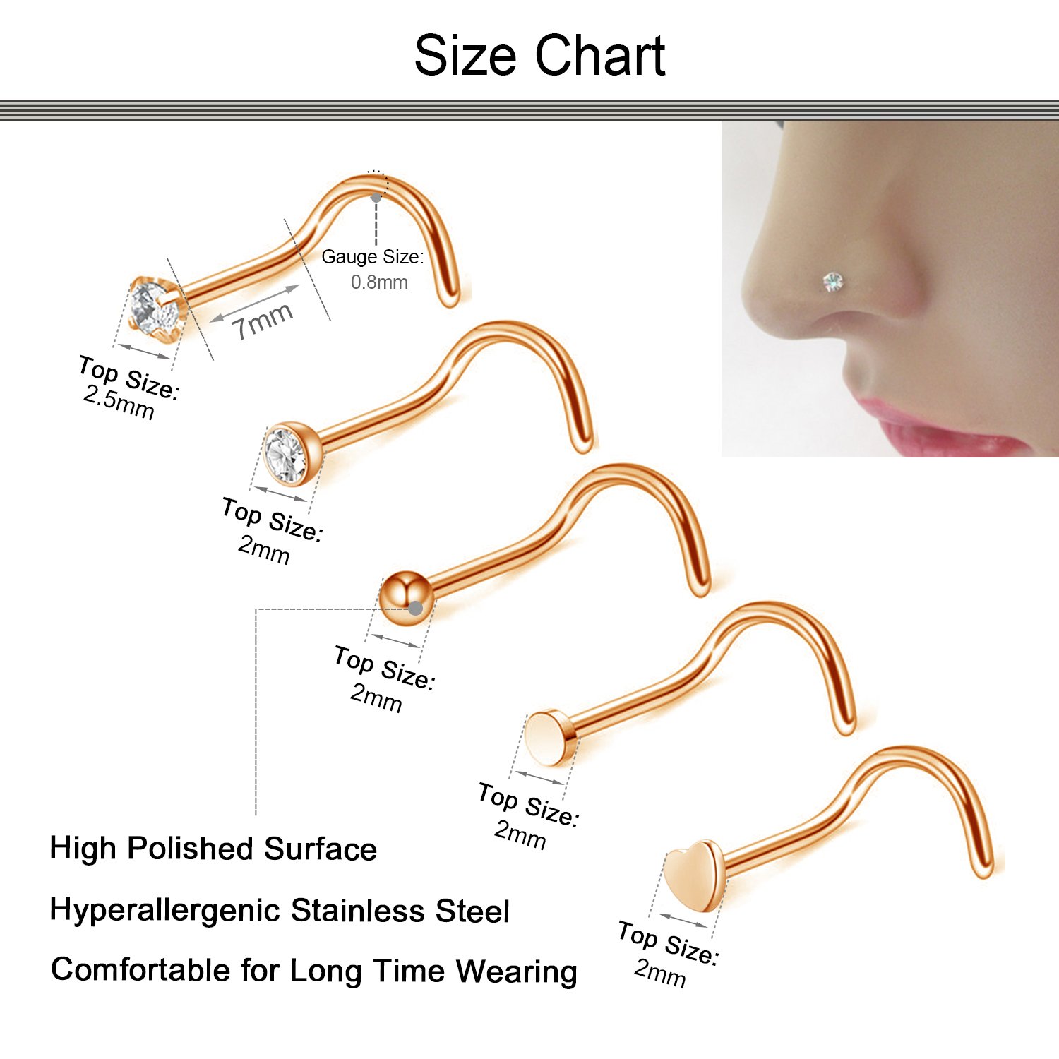 D.Bella 20G Nose Rings for Women Nose Piercings Jewelry Hypoallergenic Nose Rings Hoops L Shaped Nose Studs 8mm 10mm 12mm Hoop Nose Piercing Jewelry