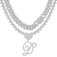 Silver Cuban Link Chain for Women Cursive Initial Layered Necklaces Heart Shape Bling Diamond Iced Out Pendant Necklace for Women 2PCS Hip Hop Chain Trendy Dainty Rapper Jewelry Gift