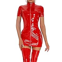 ACSUSS Womens Glossy Patent Leather Bodycon Dress Short Sleeve Stand Collar Zipper Mini Dresses Clubwear