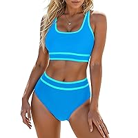 Blooming Jelly Womens High Waist Bikini Sets Sporty Color Block Two Piece Swimsuits Scoop Neck Cheeky Bathing Suits