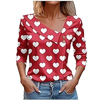 Valentine's Day T-Shirts for Teen Girl Asymmetric Neck Cozy Heart Print Blouse Tops Loose Fit Soft Long Sleeve Shirts