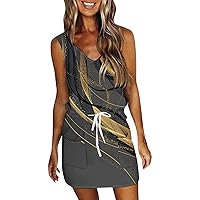 Sundresses for Women 2024 Trendy Striped Print Drawstring Pockets Dresses Summer Oversized Sling V Neck Mini Dress