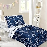 4 Pieces Dinosaur Toddler Bedding Set for Boys, Soft Breathable Toddler Comforter Set, Dino Print Navy, Includes Reversible Comforter, White Fitted Sheet and Flat Sheet, Pillowcase