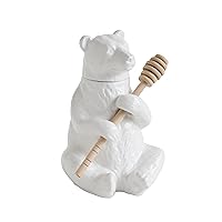 Creative Co-Op White Bear Shaped Honey Pot with Lid & Bamboo Dipper
